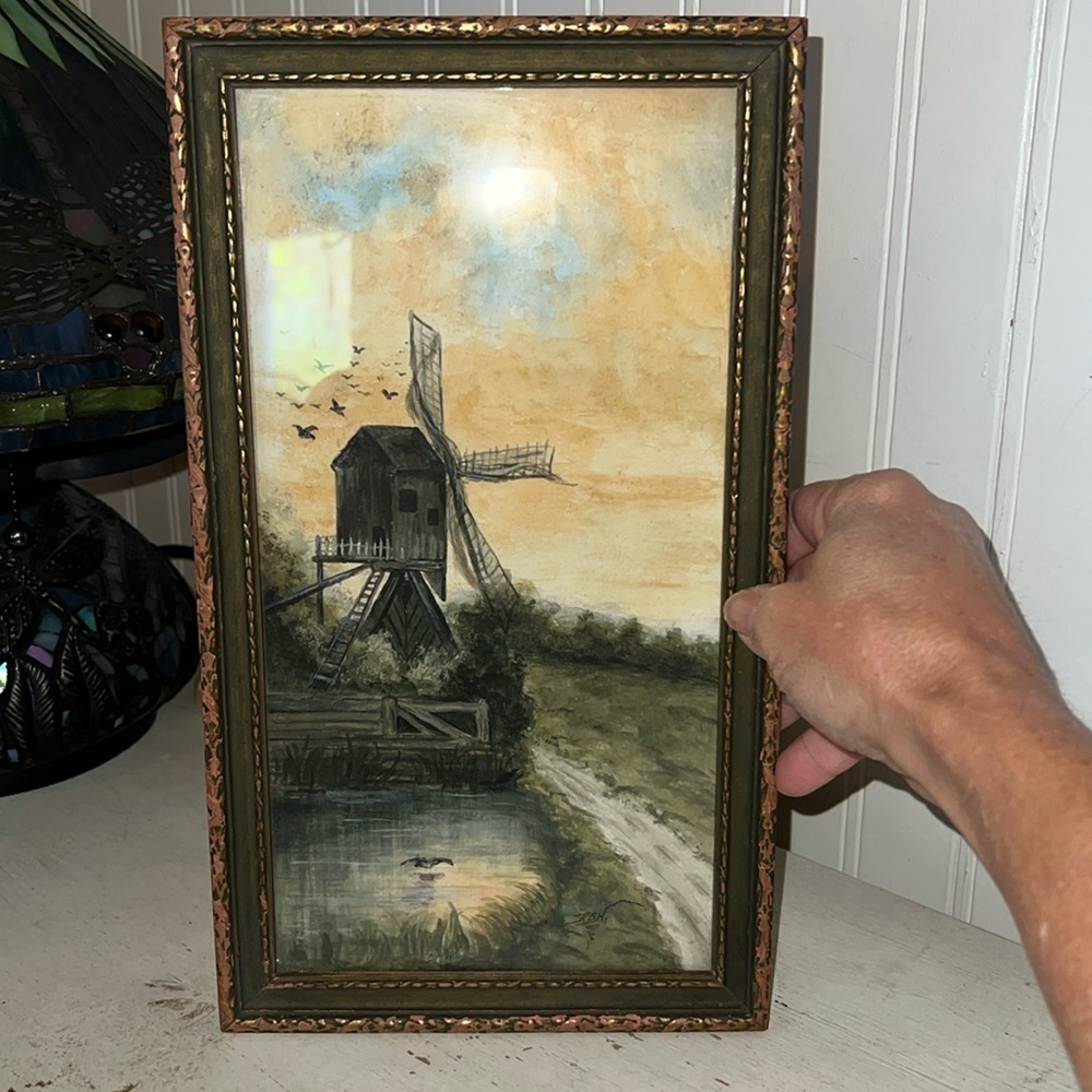 Antique signed watercolor windmill painting framed RBH 13” x 7.5”